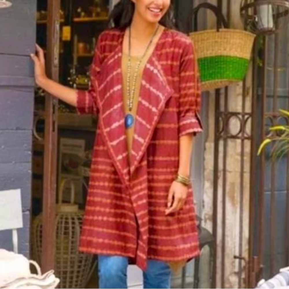 Soft Surroundings Silk Shibori Dye Brick Red Rust Duster Cardigan Suede Cotton